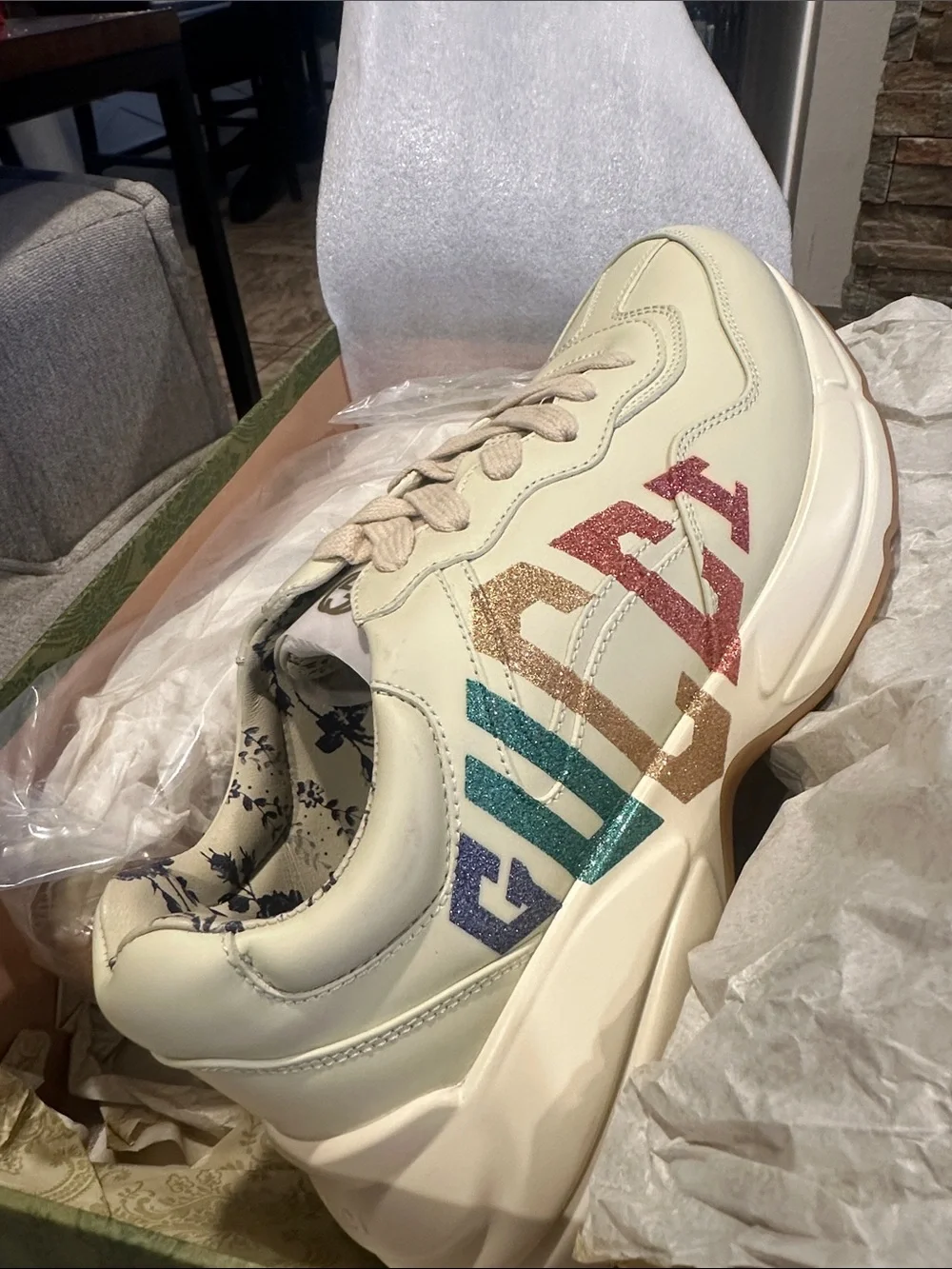 Ivory Leather Sneaker with Multicolor Logo size 40
